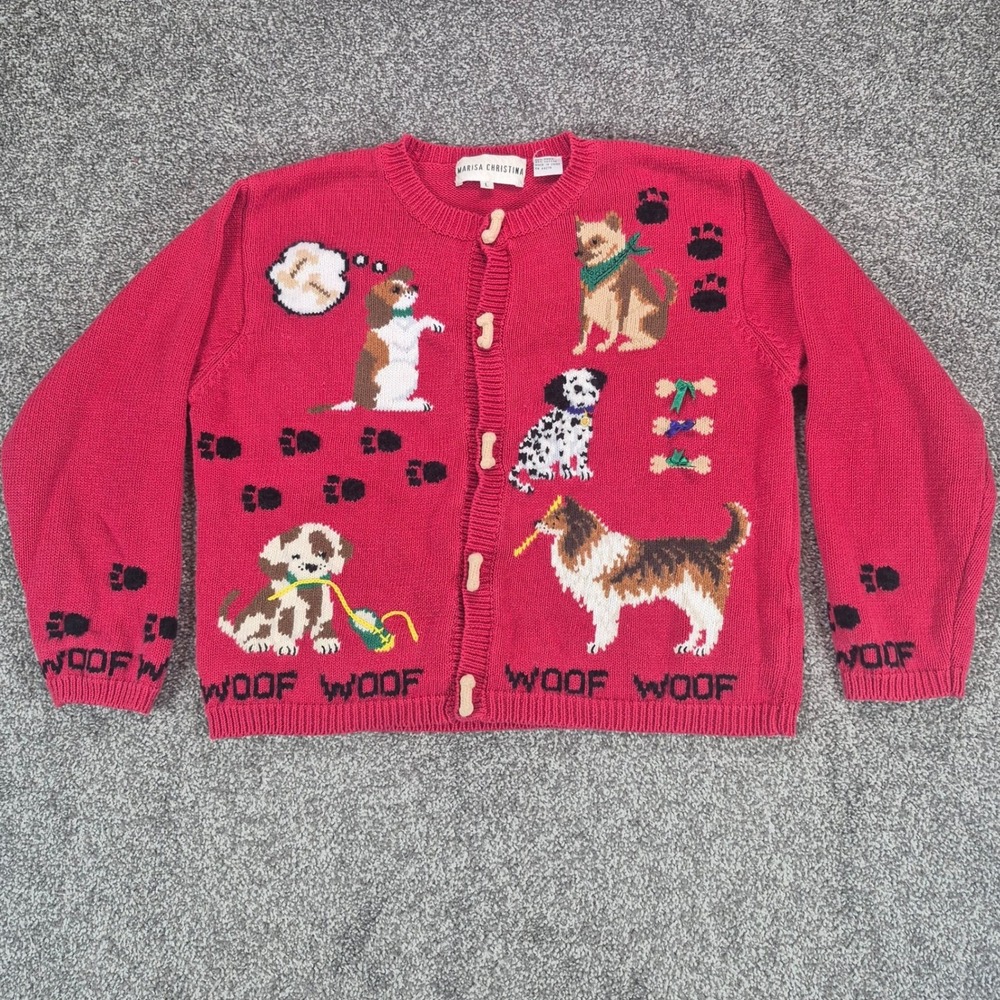 Vintage Marisa Christina Cardigan Sweater Womens Large Crazy Dogs Bone Buttons